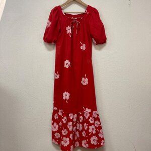 Vtg Sidan Hawaiian Red Tropical Floral Hibiscus Maxi Dress Gown sz 6